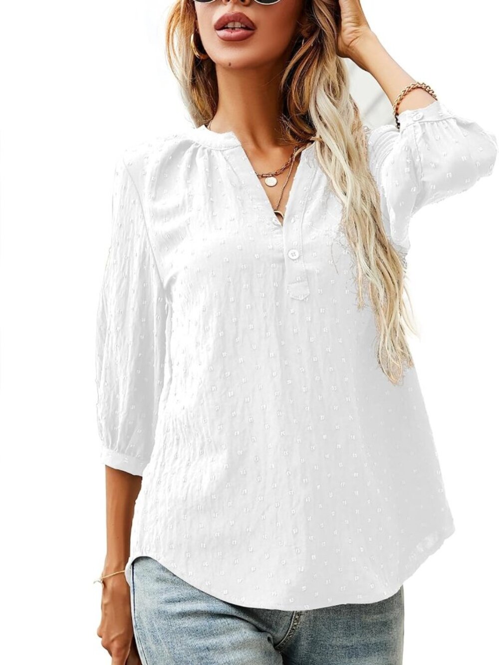 Casual 3/4 Sleeve Henley V-Neck Blouse with Pleated Back & Swiss Dot Detail